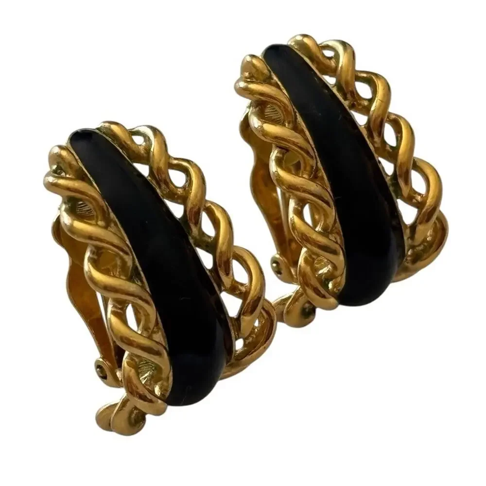 St. John Designer Gold Plate Twist Black Enamel Half Hoop Clip Earrings Vintage